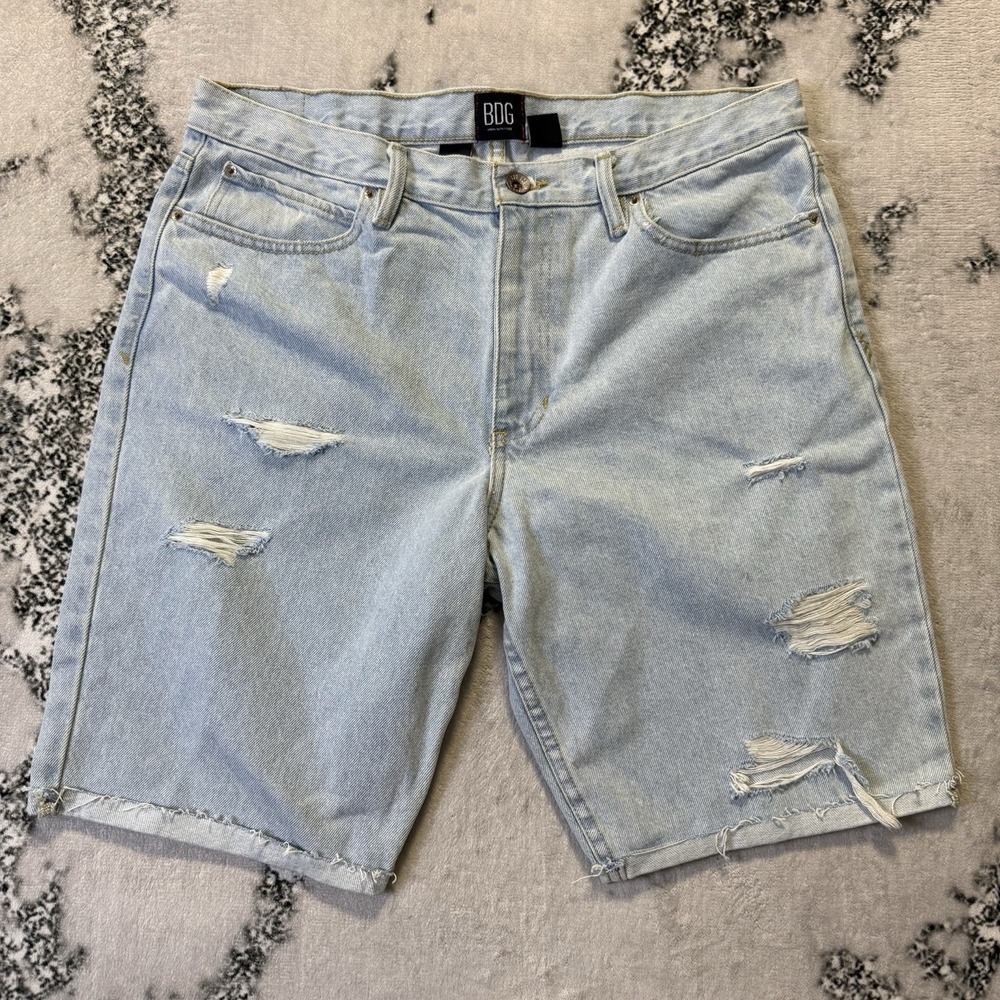 BDG Shorts Mens Size 34 Blue Distressed Ripped 100%‎ Cotton Denim Raw Hem Slim